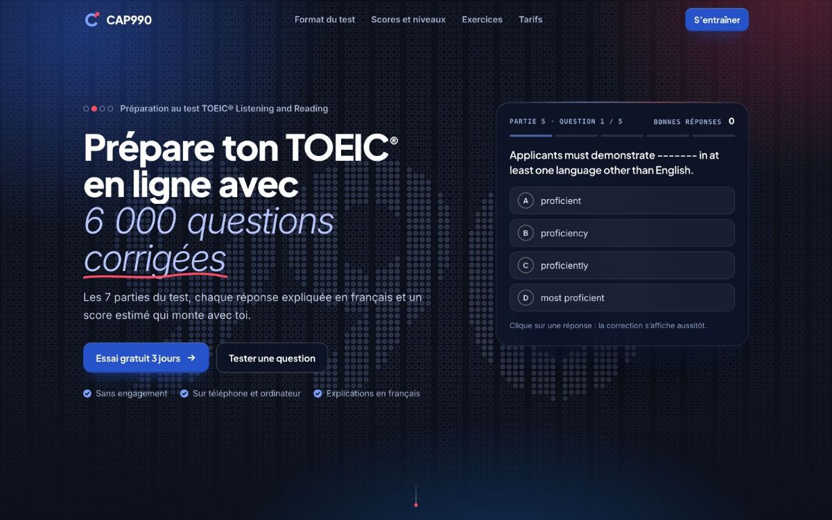 Page d’accueil de cap990.com sur ordinateur&nbsp;: le titre Prépare ton TOEIC en ligne avec 6 000 questions corrigées, les boutons d’essai et une question de démonstration.