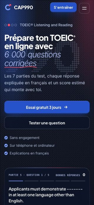 La même page d’accueil de cap990.com sur téléphone, sur une colonne.